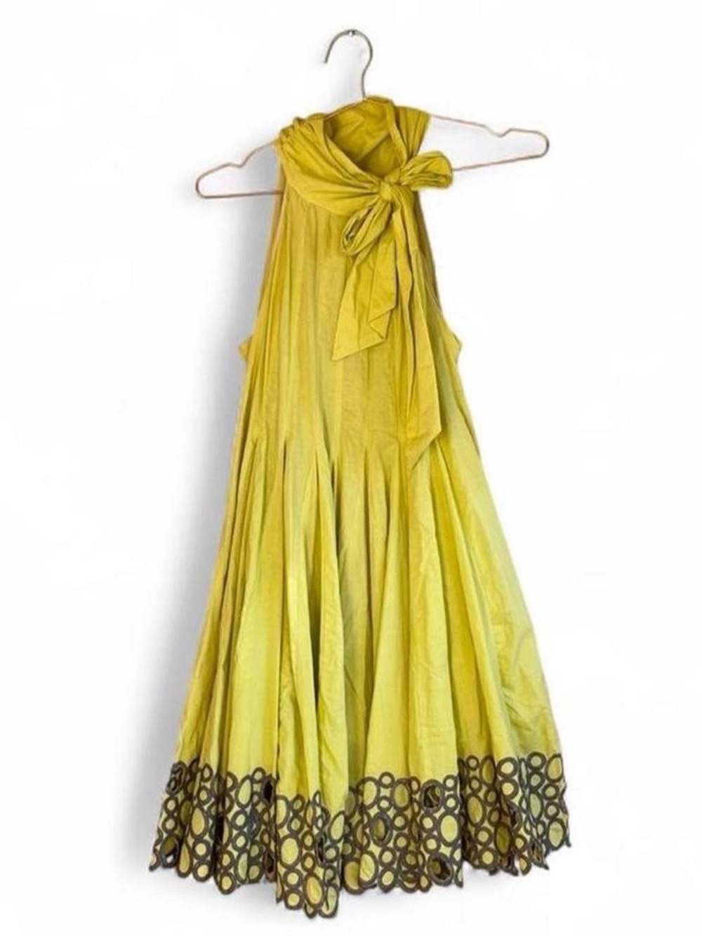 Ryu Yellow Halter Maxi Dress – Embroidered Hem Boho Cottagecore (L)